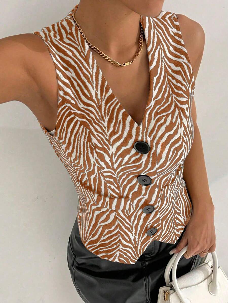 Chiquease Women's V-Neck Sleeveless Fitted Animal Print Blazer - Orange - View 1