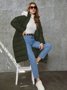 EURMUSE Women's Winter Splicing Fuzzy Hooded Long Sleeve Casual Padded Coat - Army Green - View 6