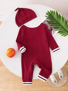 SHEIN 2pcs Boys Baby Casual Streetwear Digit & Letter Print Long Sleeve Jumpsuit With Hat, Suitable For Daily, Sports, Loungewear In Fall/Winter - Burgundy - View 2
