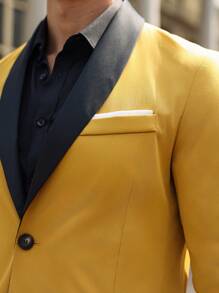 Manfinity Mode Conjunto informal de negocios de blazer de manga larga con cuello de chal y pantalones de color contrastante, para primavera/otoño
