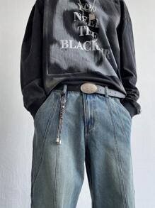 Manfinity EMRG Y2K Retro Streetwear Men's Faded Dark Blue Distressed Flare Leg Jeans With Unique Stitching Design