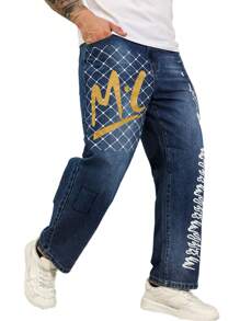 Manfinity Homme Plus Size Men's Letter Print Patch Pocket Straight Loose Casual Denim Jeans - Medium Wash - View 3