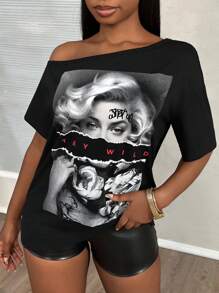 Slaydiva Camiseta de mujer de punto negro con estampado de logotipo y eslogan, de manga corta, holgada, con un solo hombro y hombro inclinado, de estilo casual y de calle, nueva para el verano - Negro - Ver 7