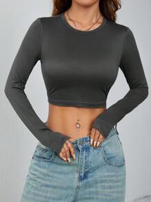 SHEIN PETITE Conjunto de 3 piezas de camisetas casuales y simples para mujeres, de cuello redondo, de manga larga y ajustadas en la Bottom