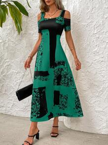 EMERY ROSE Đầm Maxi thường ngày hở vai tay ngắn nhuộm loang màu cho nữ, mùa hè - màu xanh lá - Xem 5