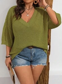 SHEIN Franclia 大码宽松纯色镂空毛衣 - 軍綠色 - 查看 1