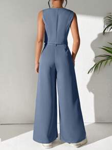 Chiquease 2 piezas Conjunto de chaleco corto liso y pantalones de traje con pierna ancha y plisada, para uso casual y de oficina en primavera y verano - Neblina azul - Ver 2