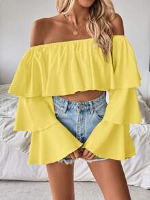 Rafferiza 1pc Women's Open Shoulder Ruffled Collar Long Sleeve Blouse Off The Shoulder Top Fall Cloth For Women - Yellow - View 5