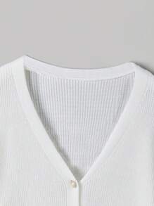 SHEIN MOD Cardigan Bordado com Gola em V, Manga Balão e Botões para Mulheres, Outono e Inverno, Suéter Oversized Vintage, Suéters para Chá da Tarde no Outono, Looks para Sair - Branco - Visão 3