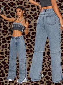 SHEIN ICON 女式宽松直筒牛仔裤，带口袋 - 藍色 - 查看 1