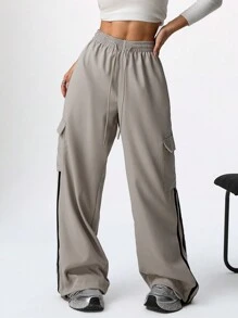 SHEIN EZwear Pantaloni cargo casual da donna con coulisse in vita e blocchi di colore a righe - Cachi - Visualizzare 5