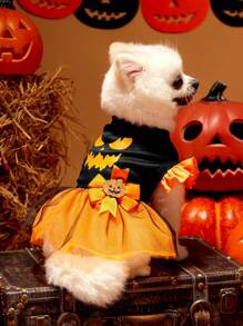 PETSIN 1pc Pet Halloween Funny Expression Print Dress Pumpkin & Bow Decor Orange Black Mesh Cap Sleeve Dog Dress