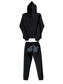 Manfinity Dauomo Men's 2pcs Outfit Set - Letter Print Hooded Sweatshirt And Drawstring Sports Pants - Black - View 2