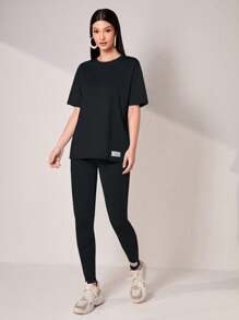 Mulvari Bộ đồ hai mảnh nữ Đắp vá Lá thư Giải trí - màu đen - Xem 3