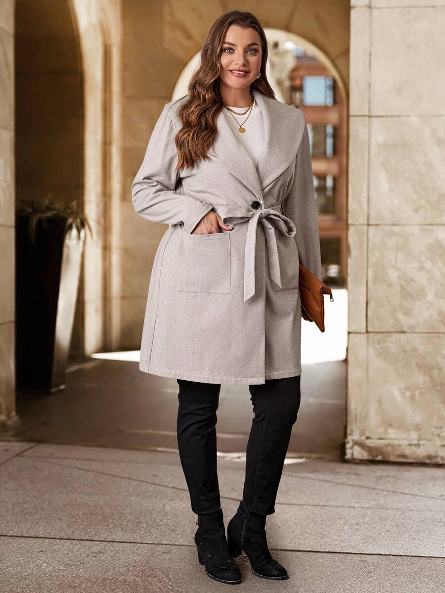 SHEIN Clasi 大码女式纯色简约长袖羊绒毛衣 - 杏色 - 查看 1