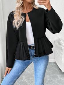 Chiquease Dropped Shoulder Floral Hem Fashion Jacket, Spring And Autumn - Black - View 3