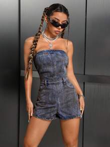 SHEIN ICON Vintage Strapless Zip Back Washed Denim Jumpsuit - Dark Wash - View 3