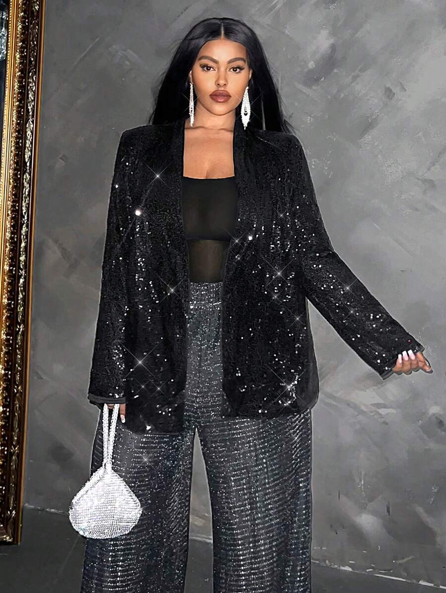 Maweii 大码女式珍珠亮片装饰翻领长袖优雅派对常规西装外套适合节日派对服装 - 黑色 - 查看 1