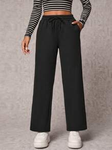 EURMUSE Cottnline Pocket Drawstring Sweatpants - Black - View 4