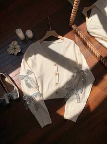 Comfortcana Women's V-Neck Button Down Long Sleeve Bow Tie Elegant Cardigan Sweater - Beige - View 7