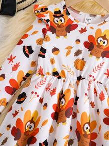 SHEIN Váy dài tay cổ tròn họa tiết hoạt hình gà tây cho bé gái mùa thu - trắng - Xem 4
