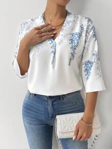 EMERY ROSE Women's Spring & Summer Floral Print 3/4 Sleeve Elegant Blouse