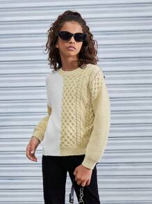Jersey casual para niña preadolescente con cuello redondo y ajuste holgado, bloque de colores, otoño/invierno - Caqui - Ver 4