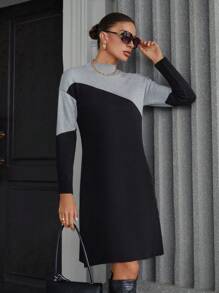 GENKIRA Elegant Commuter Elegant Color Block Half-High Collar Metal Buckle Belt Long Sleeve Midi Sweater Dress - Multicolor - View 3