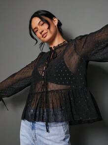 WESTFADE 透明圆点网眼立领蝴蝶结前褶饰荷叶边长袖上衣，适合女性秋季可爱上衣，适合返校、秋季、冬季、外出、休闲可爱波西米亚风上衣 - 黑色 - 查看 7