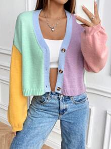 Chiquease Contrast Color Loose Cropped Cardigan, Sweet College Style Knit Sweater Jacket