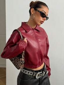 StreetHx Kurtka skórzana damska w stylu vintage - Burgund - Zobacz 4