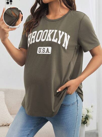 SHEIN Maternity Loose Nursing Tee, Round Neck, Outdoor Sports Lightweight