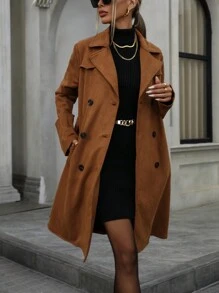 Aveloria Modichic Women's Faux Suede Trench Coat Notched Lapel Double Breasted Jacket With Belt 