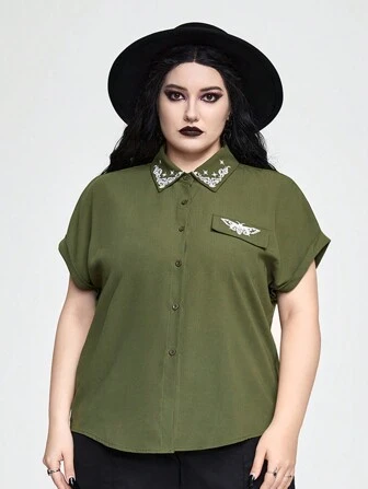 Goth Blusa holgada casual con bordado gótico para mujer de talla grande