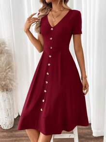SHEIN Clasi 女士优雅 V 领短袖 A 字形绿色连衣裙 - 酒紅色 - 查看 3