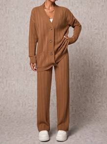 EURMUSE Drop Shoulder Cardigan & Knit Pants - Bronze - View 6