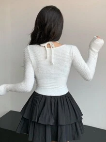 DAZY Ballet Style 2 In 1 With Bow Decor Fitted Women T-Shirt,Back To School Clothes Long Sleeve Women Tops