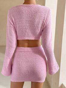 INAWLY 2 piezas Conjunto de suéter corto y falda mini de unicolor para mujer, primavera y otoño - Rosa - Ver 2
