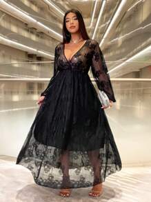 Celure Plus Size Women's Solid Color Lace Patchwork Long Sleeve Dress