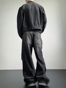 Manfinity EMRG Men's Black Distressed Denim Loose Street Style Jacket And Wide Leg Pants Set - Black - View 2