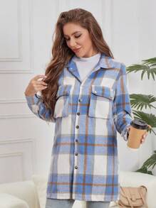Manteau décontracté à manches longues pour femmes avec col revêrant en laine à carreaux, fermeture à boutons, poches à double rabat, pour l'automne et l'hiver