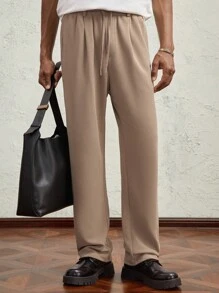 AKNOTIC Business Casual 男式针织松紧腰中腰直筒休闲裤 - 金属点缀，卡其色带字母