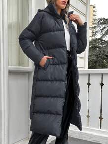 EURMUSE Women's Casual Solid Color Hooded Padded Coat, Winter - Dark Grey - View 4