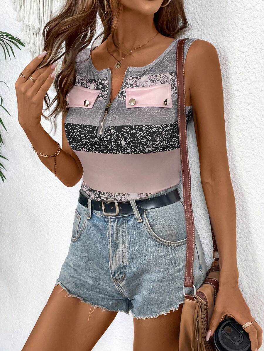 SHEIN LUNE Round Neck Sleeveless Tank Top For Summer, Slim Fit, Stripes And Printed Pattern, Zipper And Half Open Closure, Faux Pocket Graphic Tees Women Tops - Multicolor - View 1