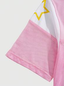 ROMWE MEN Street Life Men Color Block Printed Short Sleeve Football Jersey Style T-Shirt - Pink - View 3