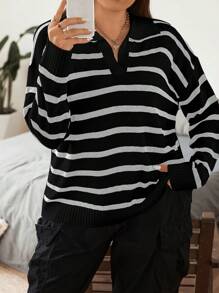 Vionelle Plus Size Women's Color Block French Striped Collared Knit Sweater Top, For Winter Knit Pullover Fall - Black - View 5