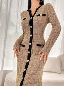 Modelyn 女士优雅 V 领长袖修身格子连衣裙，带金属纽扣装饰，春秋季长款女装 - 彩色 - 查看 8