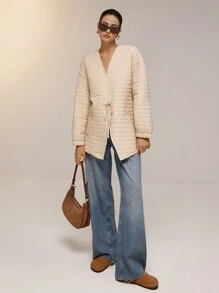 Poéselle Abrigo acolchado con cordones, textura a cuadros sólidos y lazo para mujer. Chaqueta acolchada acolchada de otoño e invierno - Caqui - Ver 2