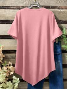 Linhara Plus Size Women Summer Solid Color Crew Neck Short Sleeve Button Decor Asymmetric Hem Casual T-Shirt - Pink - View 2