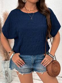 SHEIN VCAY Plus Size Textured Bat Wing Short Sleeve Round Neck Shirt